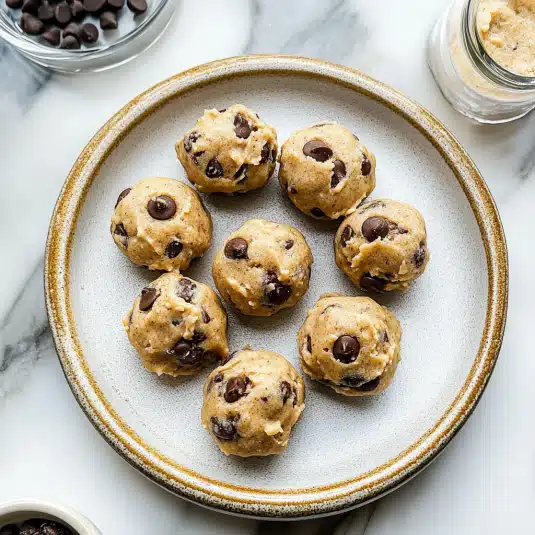 Plate of cookie dough protein bites with chocolate chips, a no bake high protein snack that is gluten free and easy to make at home.
