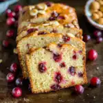 Freshly baked cranberry bread recipe sliced on a tray, showing golden crumb with juicy cranberries inside