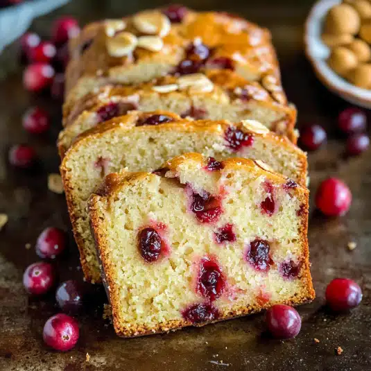 Freshly baked cranberry bread sliced on a tray, showing golden crumb with juicy cranberries inside