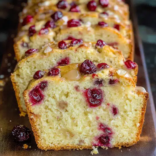 Freshly baked cranberry bread sliced on a tray