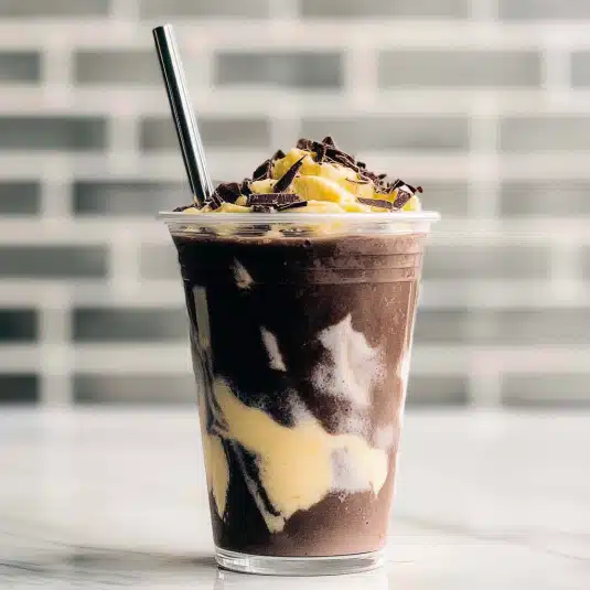 Dubai chocolate milkshake topped with whipped cream, crushed kataifi, and dark chocolate