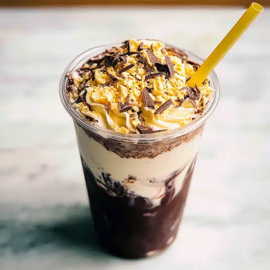 Dubai chocolate milkshake topped with whipped cream, crushed kataifi, and dark chocolate shavings in a clear plastic cup with a yellow straw