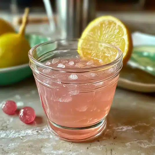 oprah Pink salt recipe lemonade in a glass jar with ice, garnished with a lemon slice.