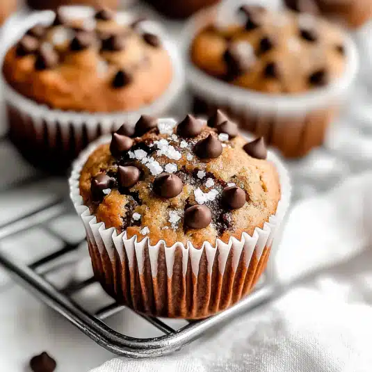 Freshly baked Protein Muffin Recipe topped with chocolate chips and sugar crystals on a cooling rack.