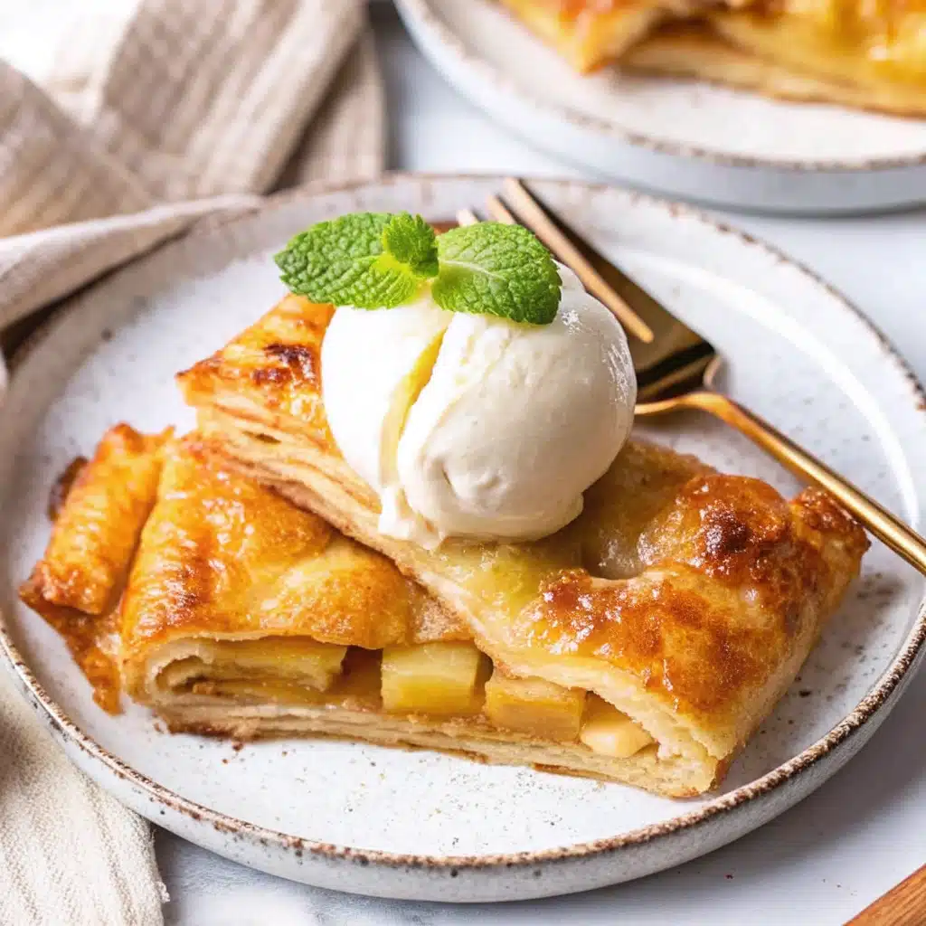 Slice of puff pastry apple pie topped with vanilla ice cream and mint on a plate with gold fork