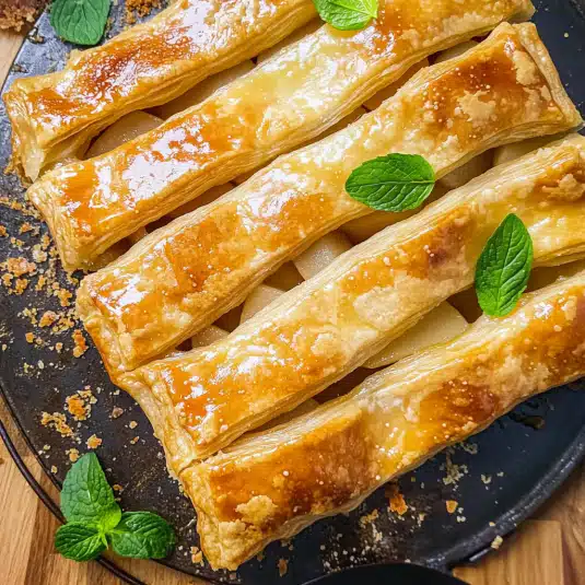 Rows of golden puff pastry apple pie slices topped with mint leaves on a black serving tray