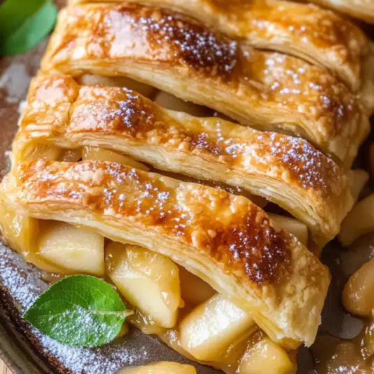 Close-up of golden brown puff pastry apple pie with flaky layers and soft caramelized apple filling