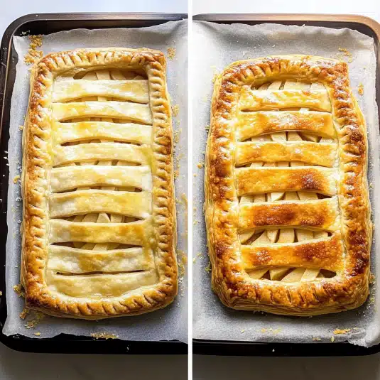 Side-by-side image showing puff pastry apple pie before and after baking on a parchment-lined baking sheet