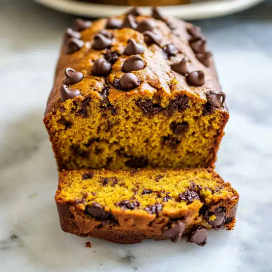 A sliced loaf of pumpkin chocolate chip bread with a golden-orange crumb and semi-sweet chocolate chips on top and inside