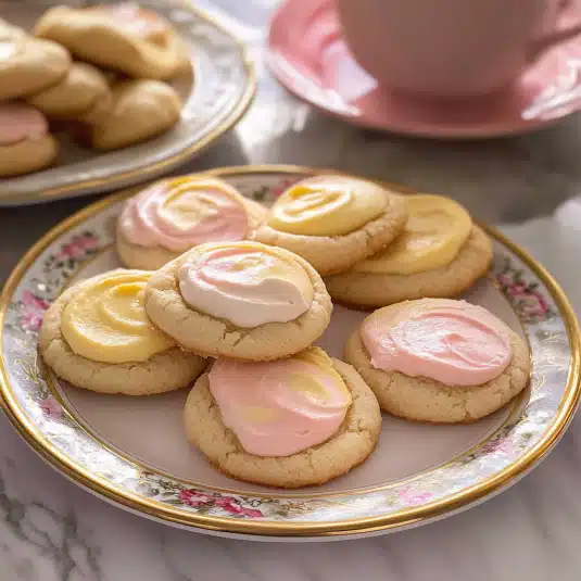 Plate of sour cream cookies topped with pastel pink, yellow, and white frosting