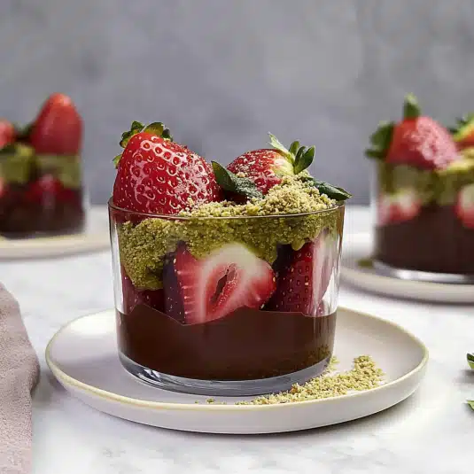 Dubai chocolate strawberry cup with layered pistachio and ganache in a glass