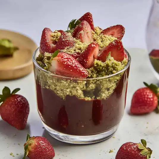 Strawberry Dubai Chocolate Cup with Pistachio and Ganache in Glass