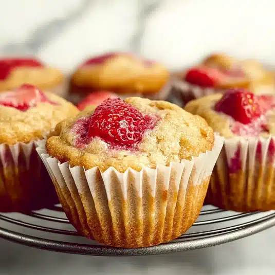 Gluten-free strawberry protein muffins topped with fresh strawberries, baked golden and served in white paper liners on a wire rack