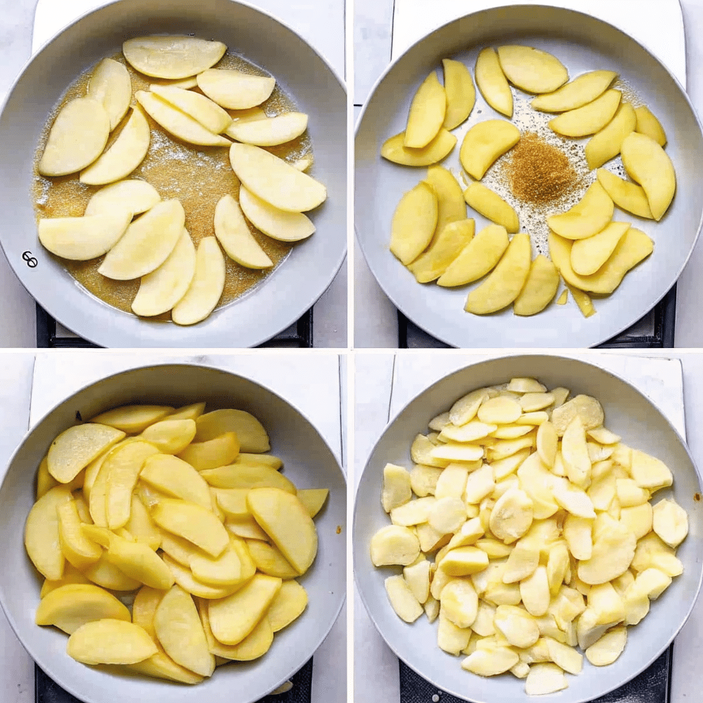 Collage of four images showing sliced apples being cooked in a skillet with butter and sugar for apple pie filling