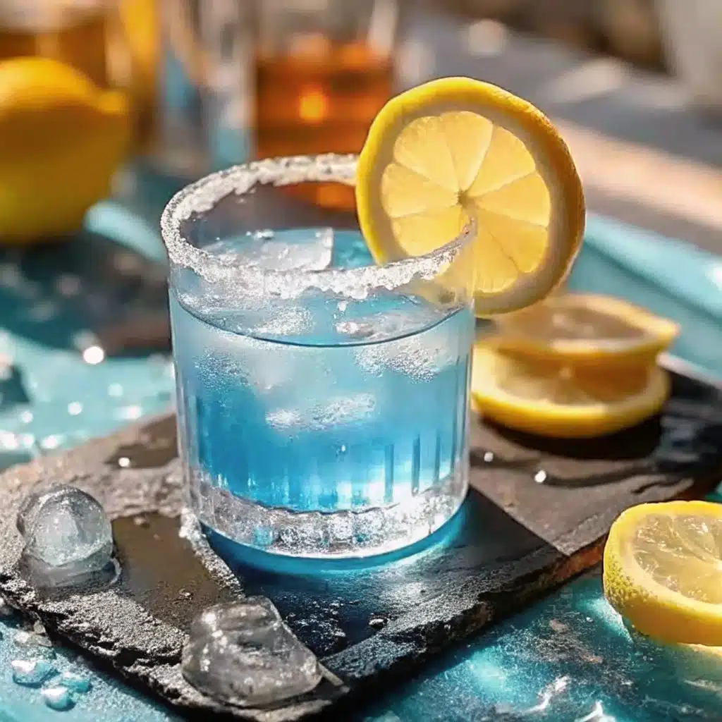Glass of blue salt hydration drink with lemon slice and ice on a black slate