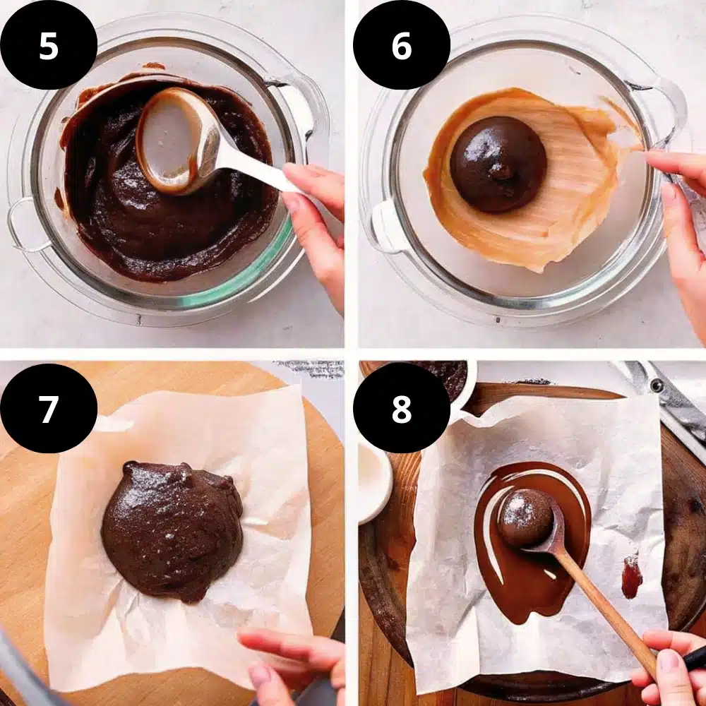 Four-step image showing how to chill, scoop, and coat chocolate coffee truffle mixture with melted chocolate on parchment paper.