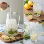 Refreshing ice water with lemon slices and fresh mint in a clear glass pitcher and glasses,