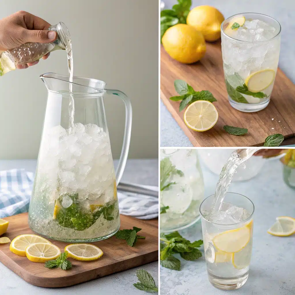 Refreshing ice water with lemon slices and fresh mint in a clear glass pitcher and glasses,
