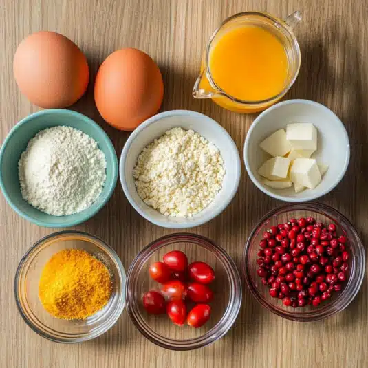 ingredients including eggs, flour, butter, sugar, orange juice, and fresh cranberrie