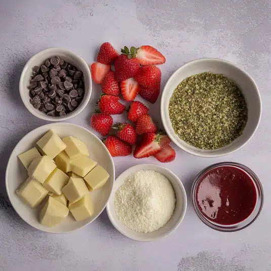 Ingredients for Strawberry Dubai Chocolate Cup including strawberries, chocolate, butter, pistachio crumble, and cream