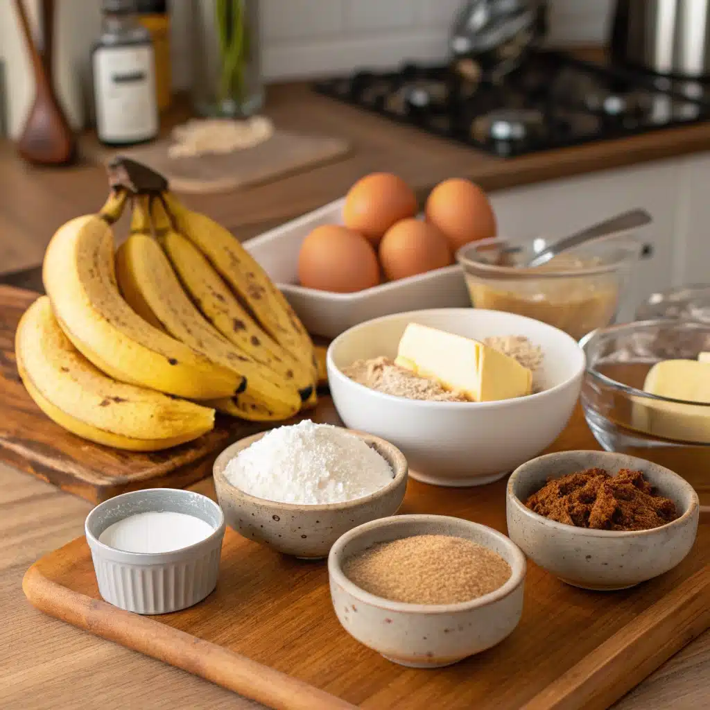 Bananas, butter, eggs, flour, sugar, and other ingredients arranged on a wooden board for making brown butter banana bread