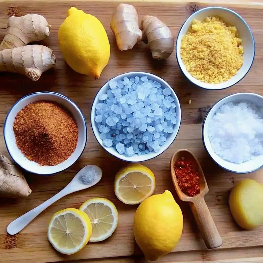 Flat lay of ingredients for the Blue Salt Trick Recipe including blue salt, lemons, ginger, turmeric, and cayenne on a wooden board