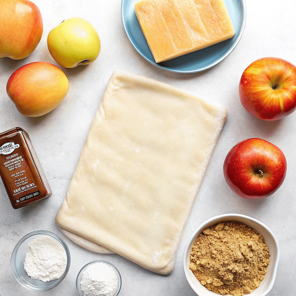 Flat lay of puff pastry, apples, cinnamon, brown sugar, butter, and cornstarch on a white background