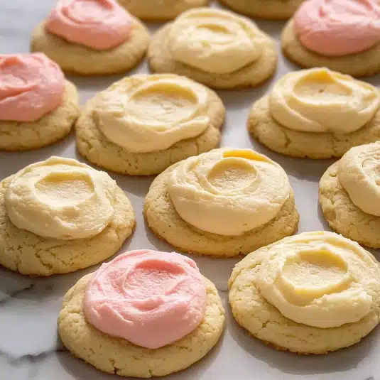 sour cream cookies recipe topped with pastel pink, yellow, and white frosting