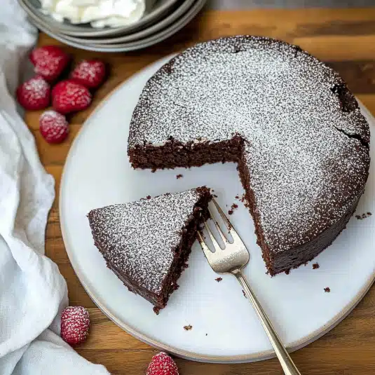 Gluten free almond flour chocolate cake dusted with powdered sugar, served with fresh raspberries on a white plate