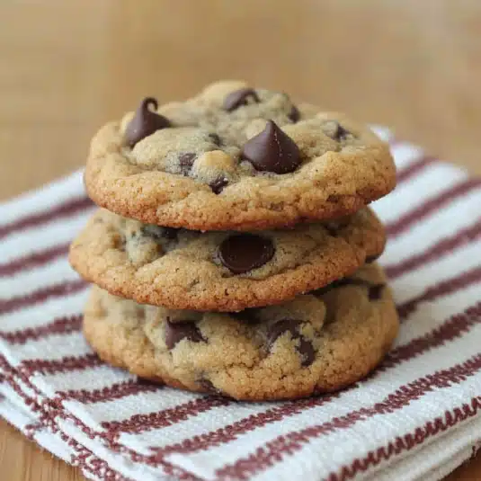 Three almond flour chocolate chip cookies stacked on a striped napkin, showing crispy edges and melted chocolate chips