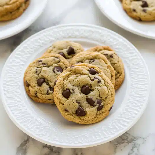 Close-up of almond flour chocolate chip cookies with gooey centers and crispy edges on a white plate
