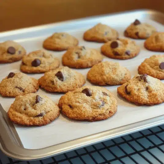 Almond flour chocolate chip cookies cooling on a baking tray lined with parchment paper after baking