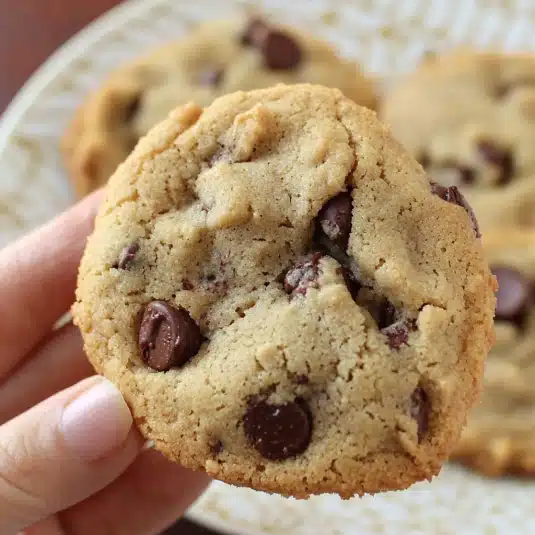 Hand holding a soft and chewy almond flour chocolate chip cookie with visible melted chocolate chips