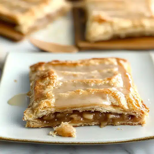 Glazed apple pop tart filled with spiced apple filling on a white plate