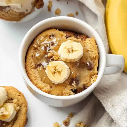 A warm banana mug cake topped with banana slices and drizzled with syrup, served in a white mug. This easy single-serve dessert tastes like banana bread and is ready in just 90 seconds.