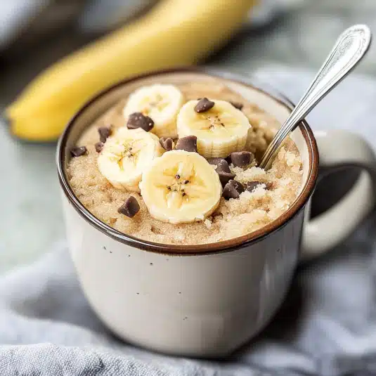 banana mug cake topped with banana slices and drizzled with syrup, served in a white mug.