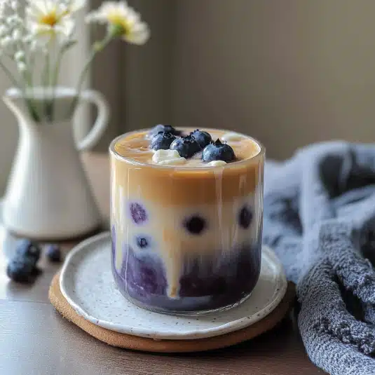 Iced blueberry latte layered with blueberry syrup, milk