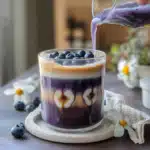 Iced blueberry latte layered with blueberry syrup, milk, and espresso, garnished with fresh blueberries and chamomile flowers on a wooden board