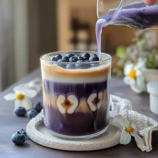 Iced blueberry latte layered with blueberry syrup, milk, and espresso, garnished with fresh blueberries and chamomile flowers on a wooden board