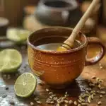 Warm Brazilian honey trick drink with lime slices and fennel seeds in a rustic ceramic mug