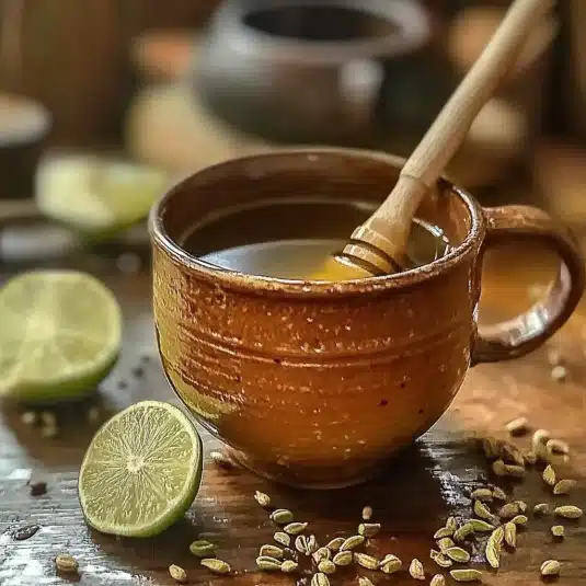 Warm Brazilian honey trick drink with lime slices and fennel seeds in a rustic ceramic mug