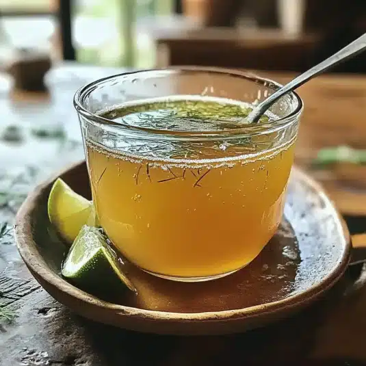 Glass cup of Brazilian honey trick drink with lime wedges and fennel floating on top