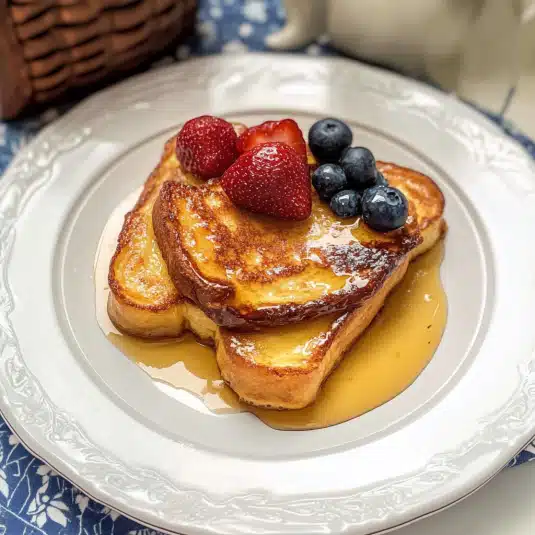 Brioche French toast with maple syrup, strawberries, and blueberries on a white plate