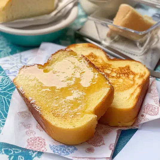 Two slices of brioche bread with melted butter on top, ready for French toast preparation