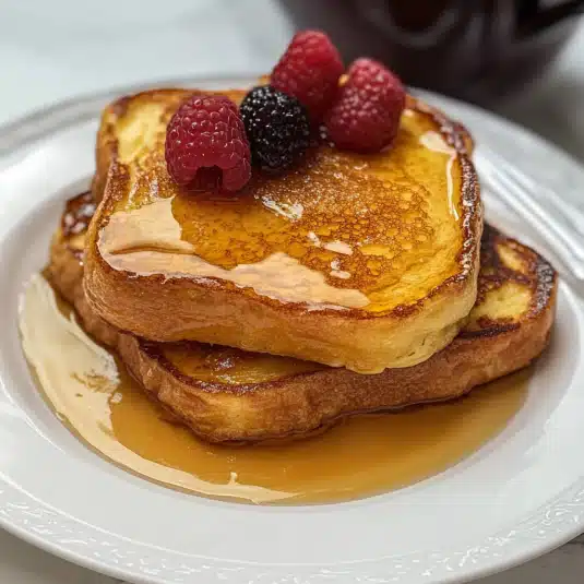 Golden brioche French toast stacked with maple syrup and fresh berries on a white plate