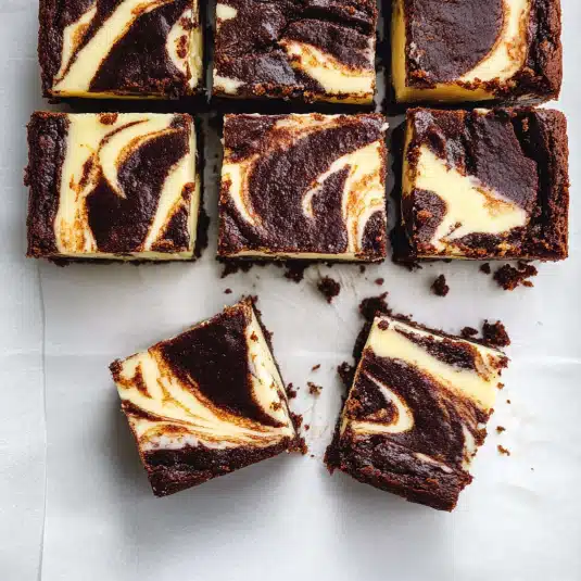 cheesecake brownies with a creamy vanilla swirl on top, sliced into squares on parchment paper