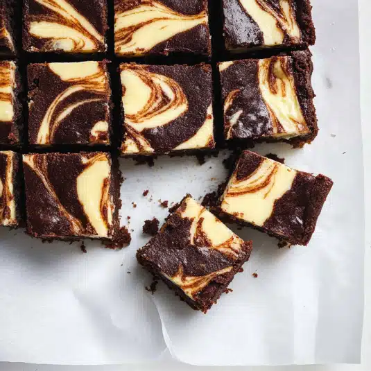 Rich and fudgy cheesecake brownies with a creamy vanilla swirl on top, sliced into squares on parchment paper the perfect chocolate dessert
