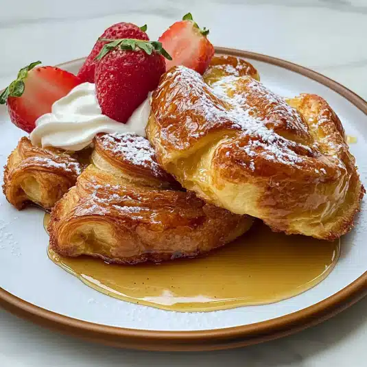 Croissant French toast topped with whipped cream, syrup, powdered sugar