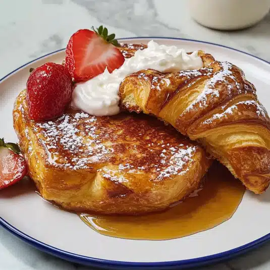 Croissant French toast with whipped cream, syrup, powdered sugar, and fresh strawberries