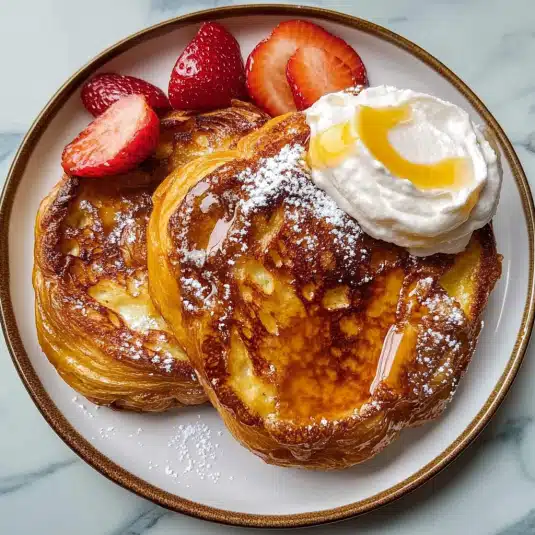Croissant French toast topped with whipped cream, syrup, powdered sugar, and sliced strawberries